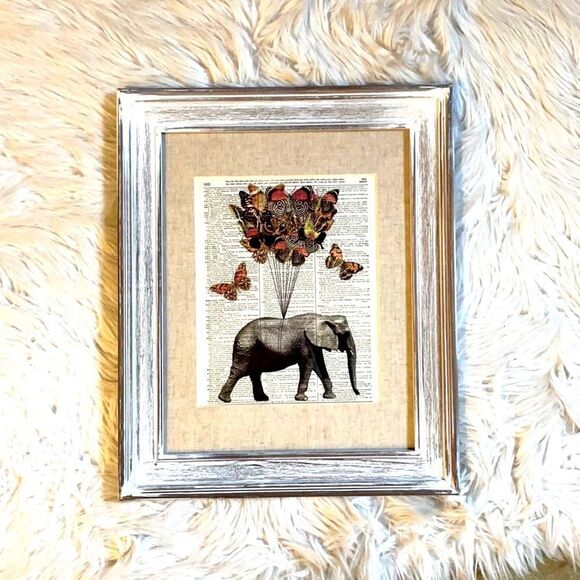 Framed Elephant and Butterfly Print on Recycled Encyclopedia Page - Picture 3 of 16